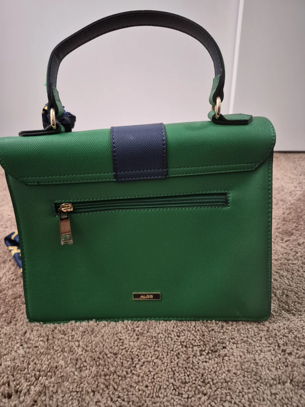 Green Top-Handle Satchel with Navy Accent and Gold Hardware